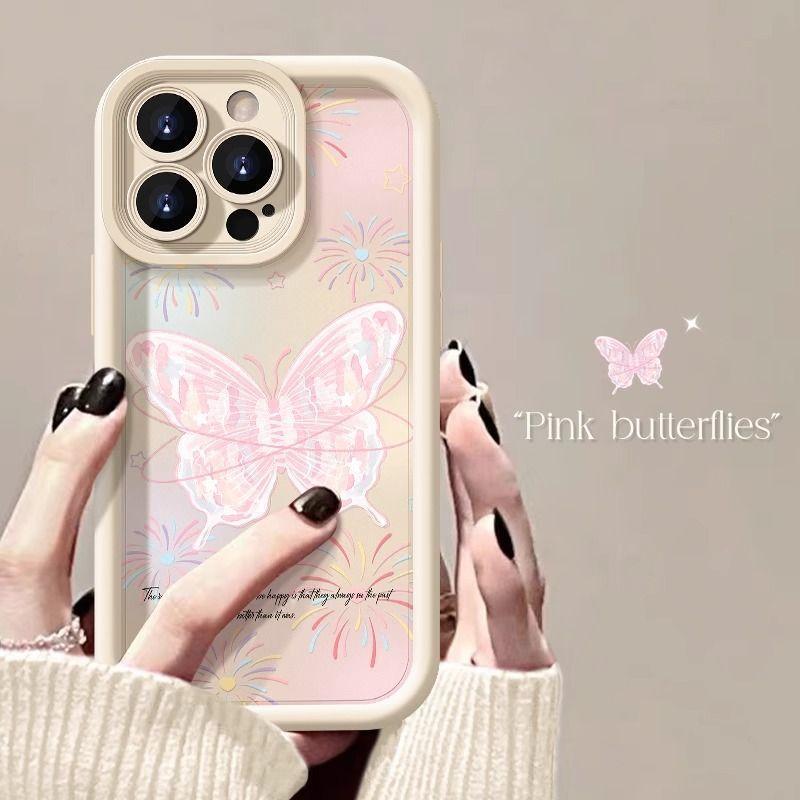 Pink Butterfly Is Suitable for Apple 14 15promax Mobile Phone Case Fine Hole 16 Step Case 7plus Soft Case 11.