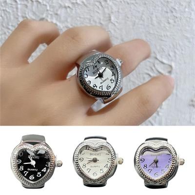 Anello con quadrante a cuore d'amore, cinturino elastico in acciaio inossidabile, da uomo e da donna, per orologio da dito