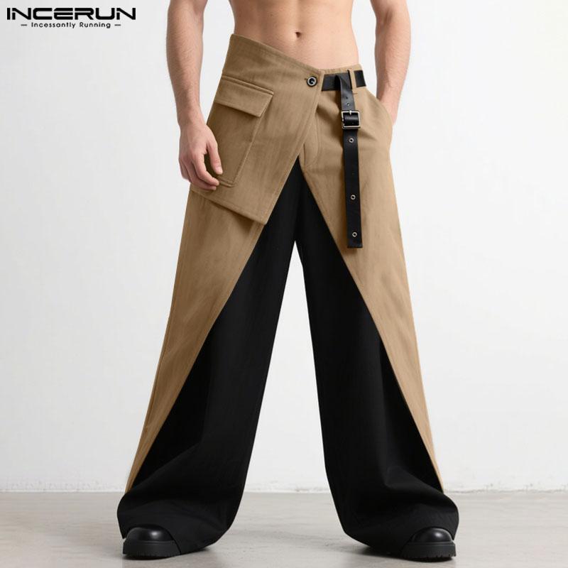 Incerun Irregular Zipup High Men Waist Patchwork Casual Long Trousers Pants