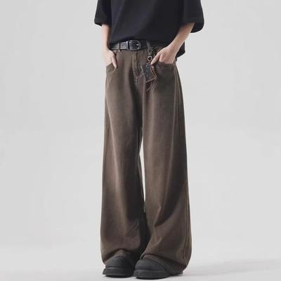 Unisex Trendy Brown Washed Jeans - Loose, Versatile, Straight-Fit Wide-Leg Pants