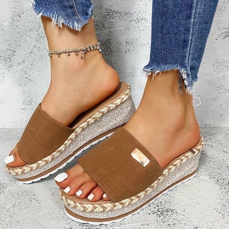 Foreign Trade Large Size Women's Shoes European and American Summer New  Heel Hemp Rope Slippers Women's Thick-soled Cool Slippers Women's Outer Wear