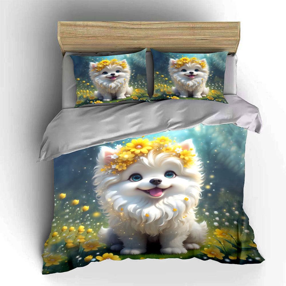 Floral Puppy Three-Piece Gift Set Exquisite three-piece bedding set gift for kids and adults 135x200cm