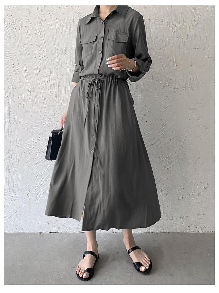 Japanese Style 2026 Autumn Women's Casual Long Sleeve Drawstring Shirt Dress with Pockets