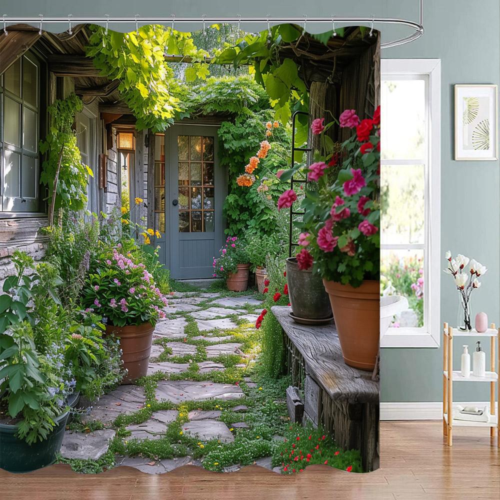 Fence Flowers Shower Curtains Blue Window Nature Floral Plants Scenery Modern Garden Wall Hanging Home Bathroom Decor With Hooks