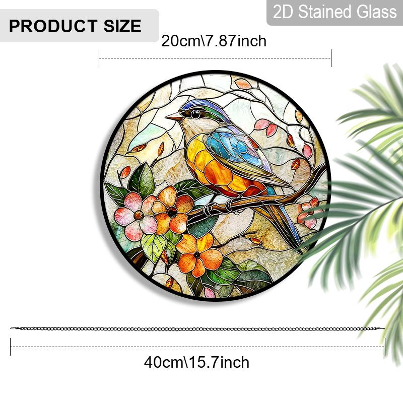 2D Flat Stained Glass Bird Window Decoration, 7.87inches Blue Bird Pink Flower Design Colored Glass Plate with Chain, Charming Spring Summer Sun