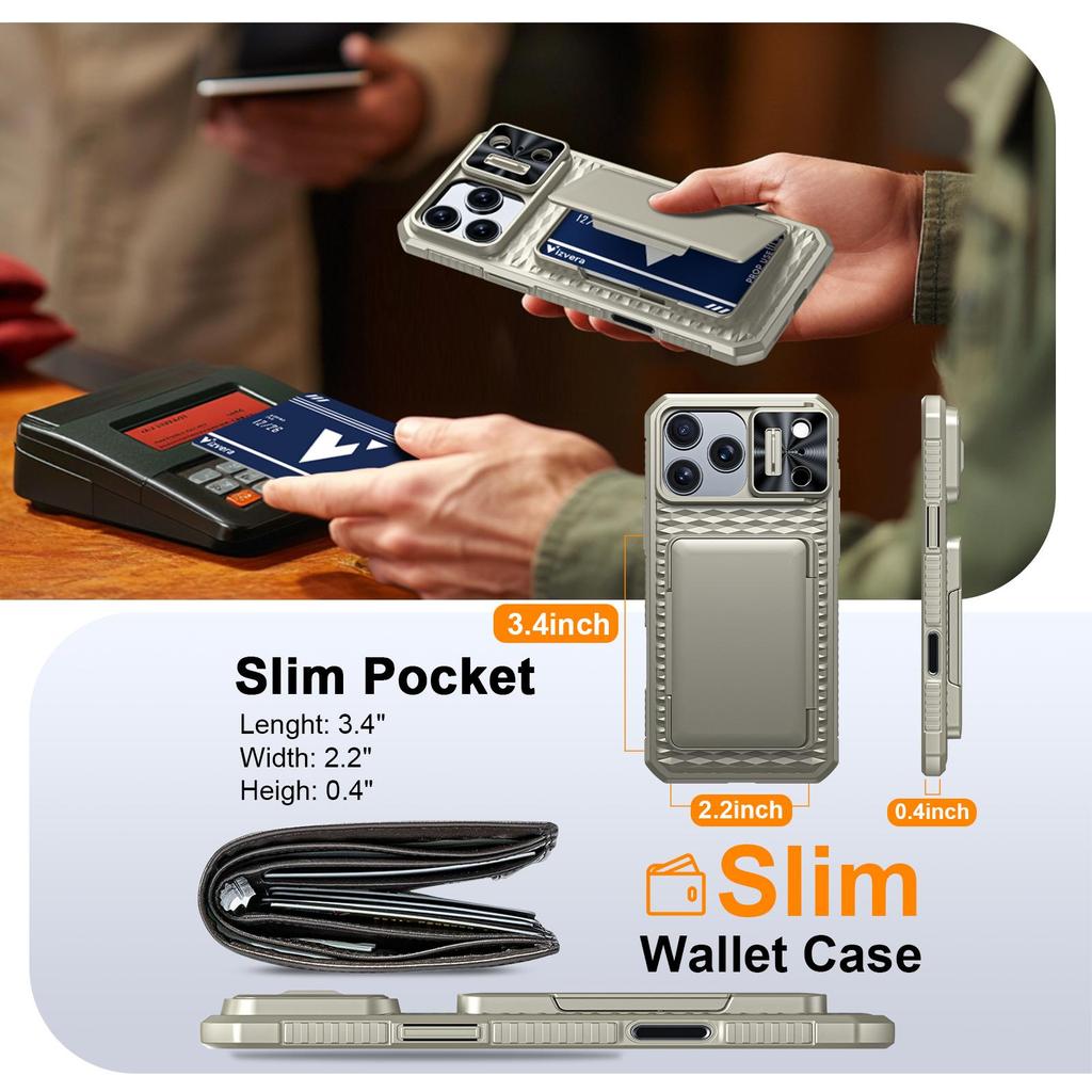 Mit Kartenhalter, Schiebefach für die Kamera und Ständer für iPhone 17 Pro Max Handyhülle, Anti-Fall PC+TPU Brieftaschenhülle - Champagner