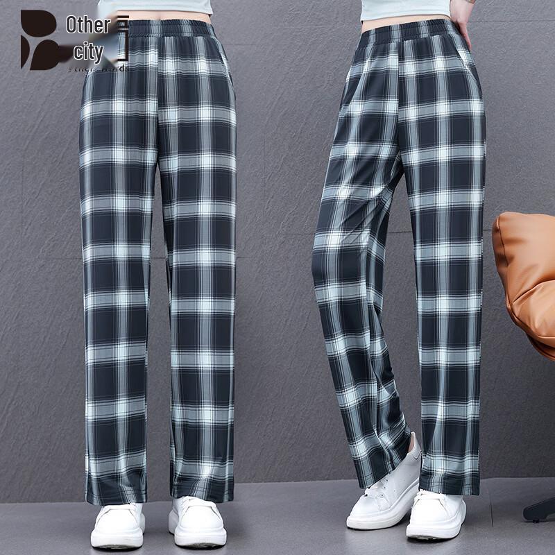 

Women s Summer Ice Silk Plaid High-Waist Straight-Leg Pants 3XL