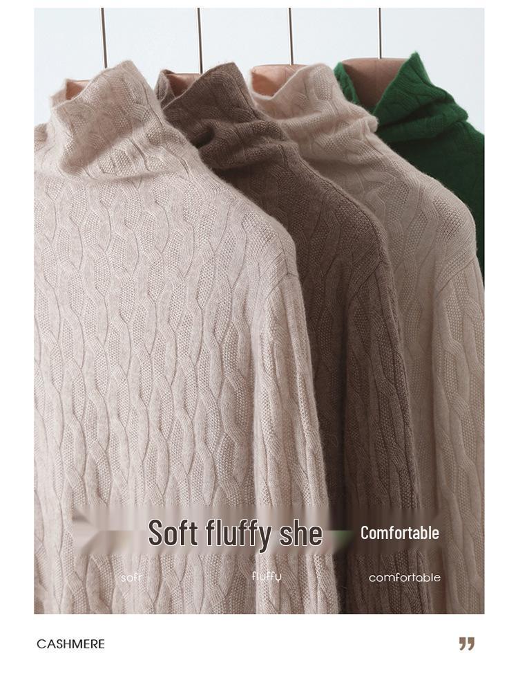 Women's Loose Fit Cashmere Cable Knit High Neck Sweater - Autumn & Winter.