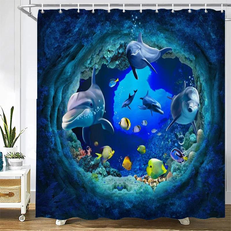 Dolphin Shower Curtain, Blue Underwater World Marine Life , Polyester Fabric Kids Ocean Theme Bathroom Decor Set with 12 Hooks