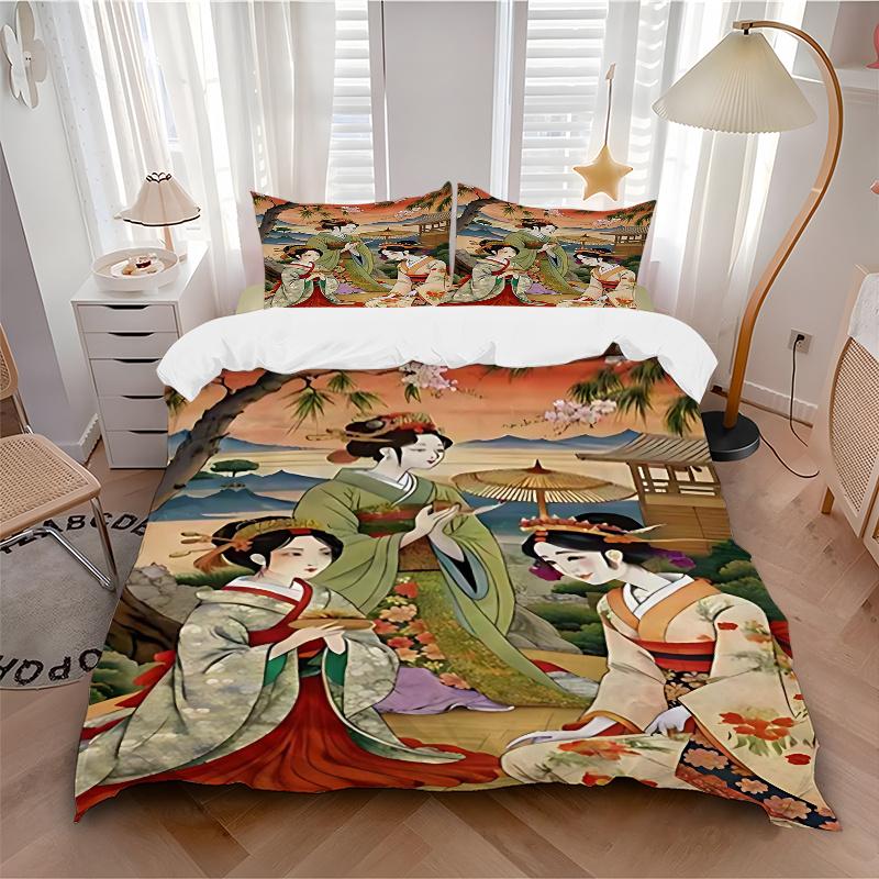 3pcs Anime Kimono Geisha Comforter Set with One Quilt Cover and Two Pillowcases (No Core) - Home Decor, Festival Gift, Polyester Fabric, Anime Cartoon