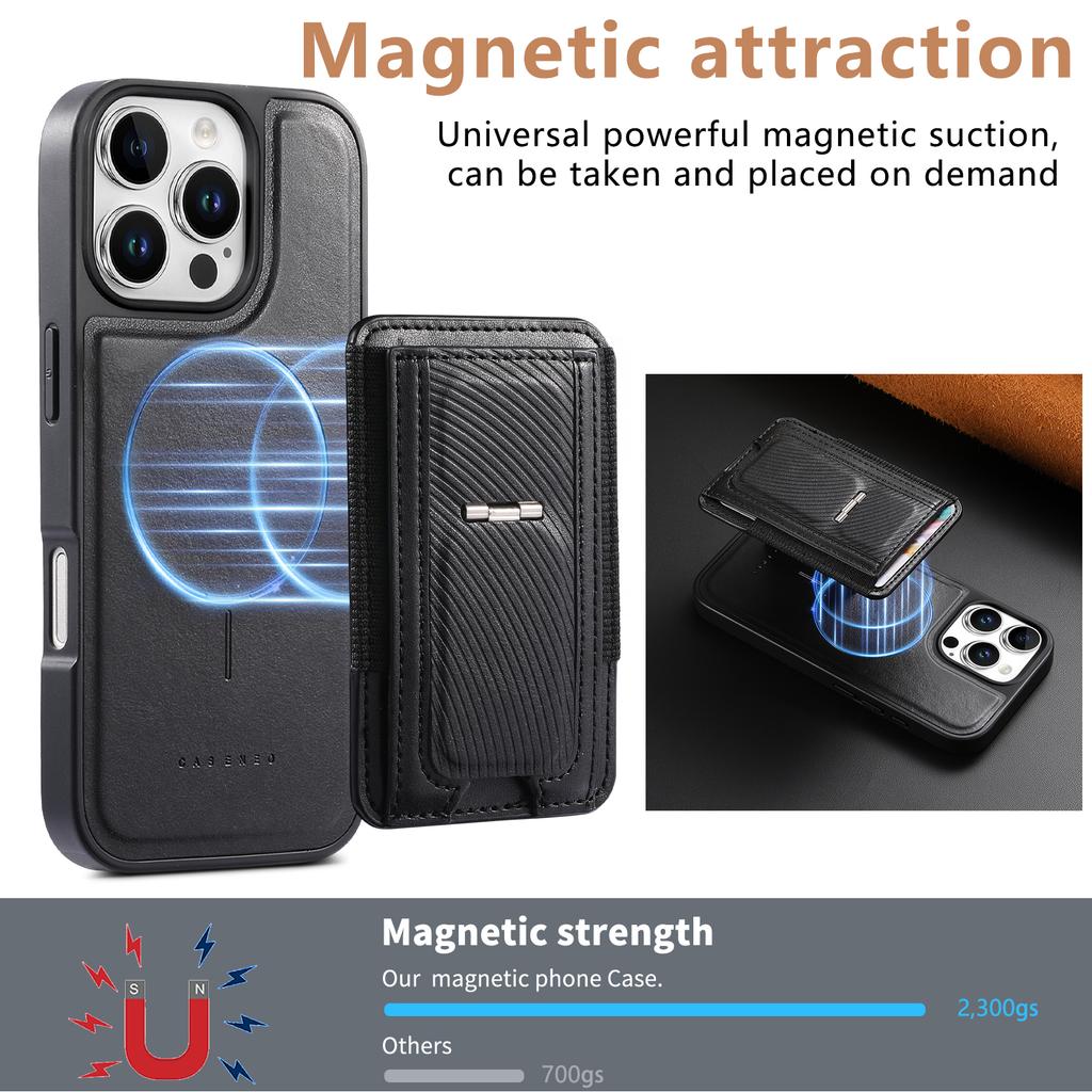 CASENEO For iPhone 16 Pro Max Case with Foldable Kickstand TPU PU Leather PC Card Bag Magnetic Phone Cover Compatible with MagSafe