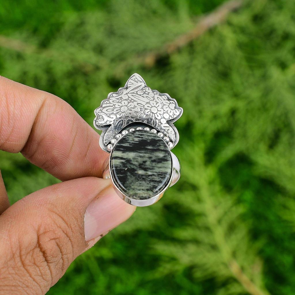 Oval Silver Leaf Jasper Gemstone Bezel Boho Stackable Engagement Ring 925 Silver