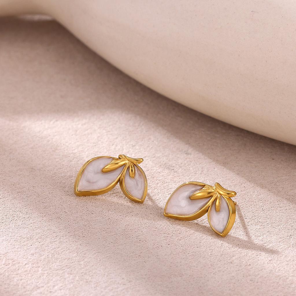 DIEYURO 316L Stainless Steel White Drip Oil Simple Flower Leaf Earrings Lady Waterproof Fashion Ear Studs Jewelry Glamorous