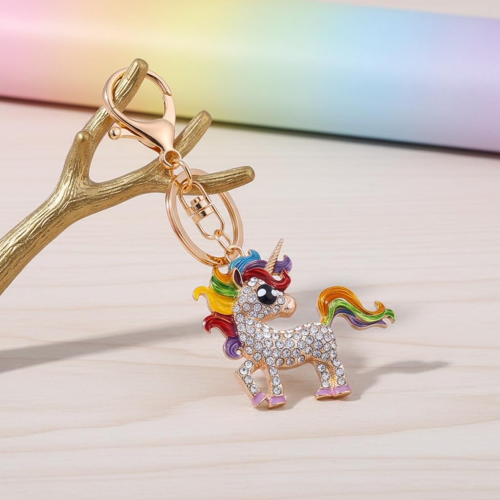 PYNASA Rhinestone Unicorn Keychain for Women, Cute Unicorn Animal Key Holder Accessory, Gift for Car, Backpack, Bag, Tag, Charm, Rainbow