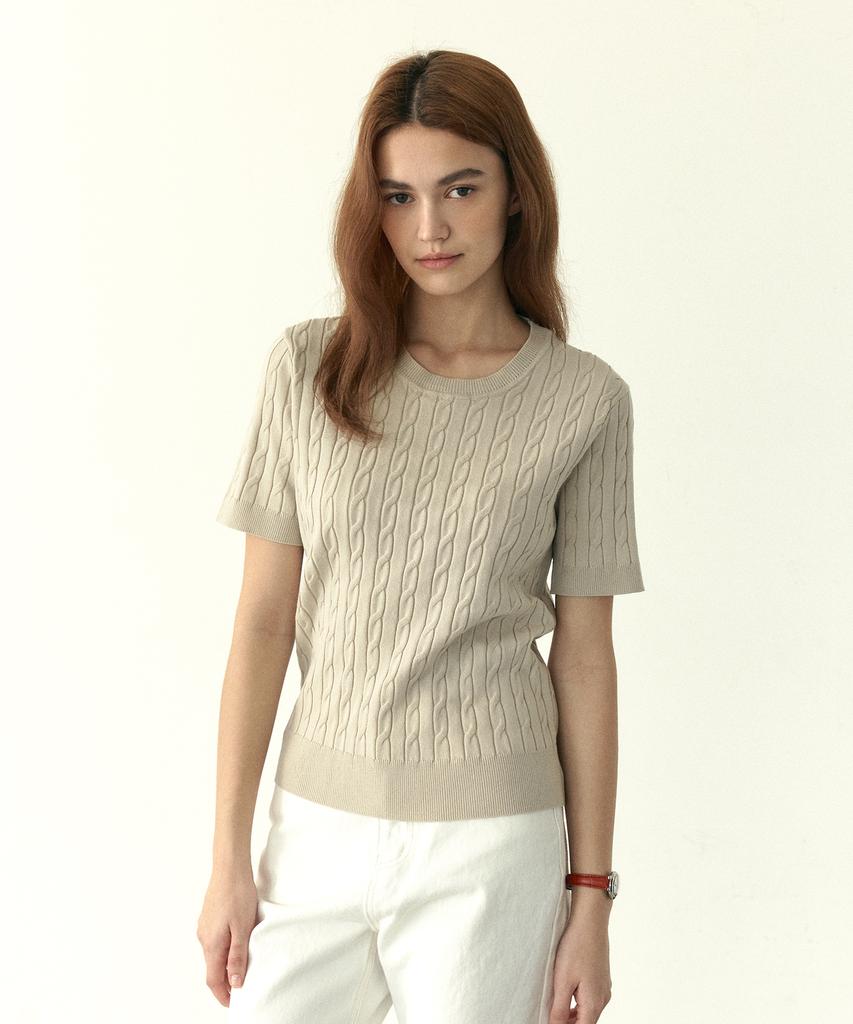 210EDIT Women'S Cool Cable Round Neck Short Sleeve Knit - 4 Colors [Zg2Sw070]