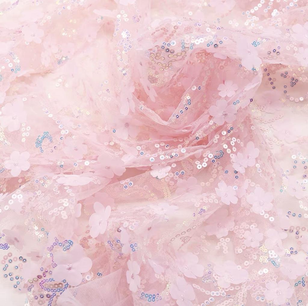 3D Three-Dimensional Sequined Petal Accessories Embroidery White Mesh Mesh Cloth Background Decoration Fashion Stage Clothing Fabric