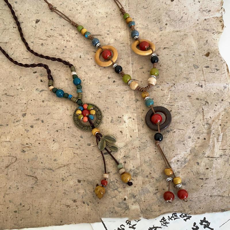 Ceramic Leaf Beaded Pendant Necklace Retro Ethnic Style Temperament Collarbone Chain Light Luxury High-end Niche Jewelry Women