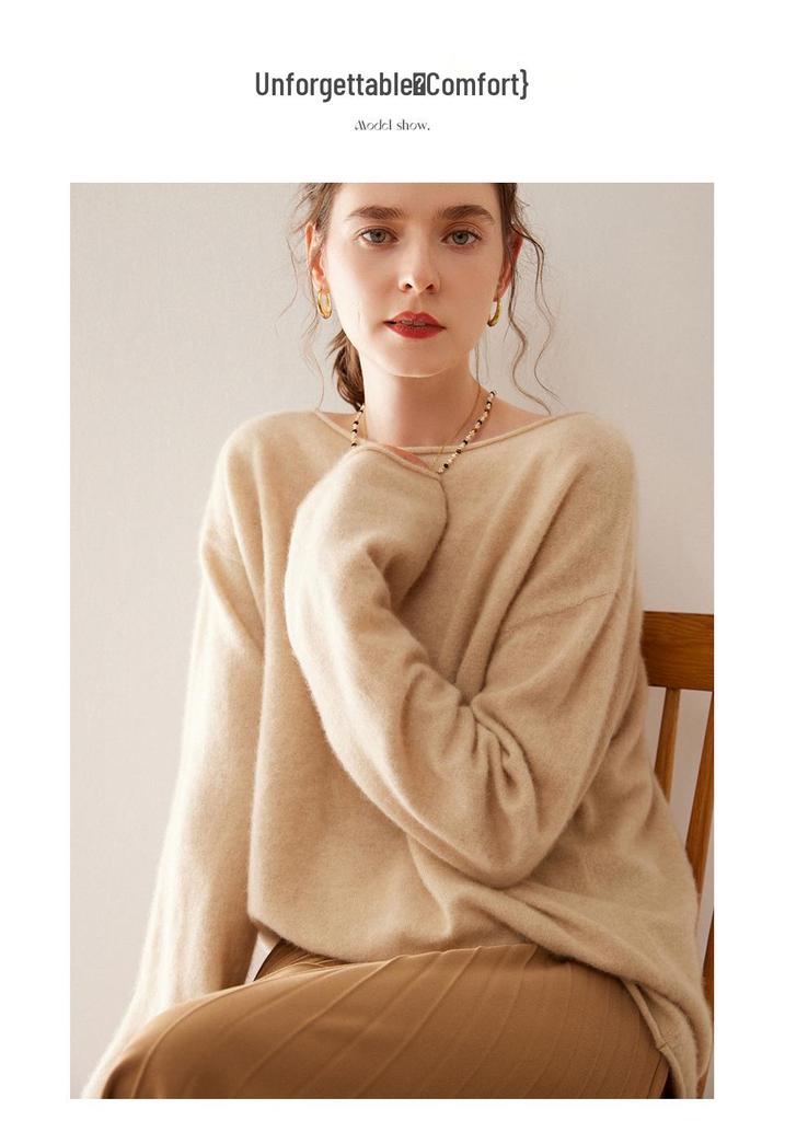 Women's Long Sleeve One-Shoulder Cashmere Knit Sweater - Mid-Length, Rolled Edge, Autumn/Winter Collection