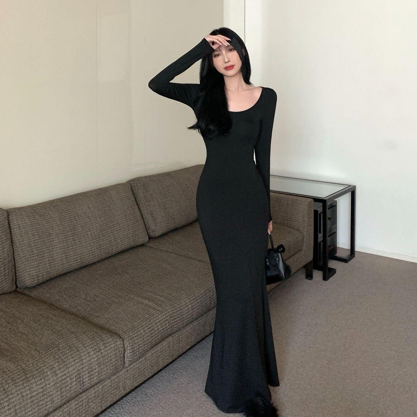 

New high-end autumn dress women s fashion Spice Girl stepmother hip skirt waist thin knee fishtail skirt S чёрный