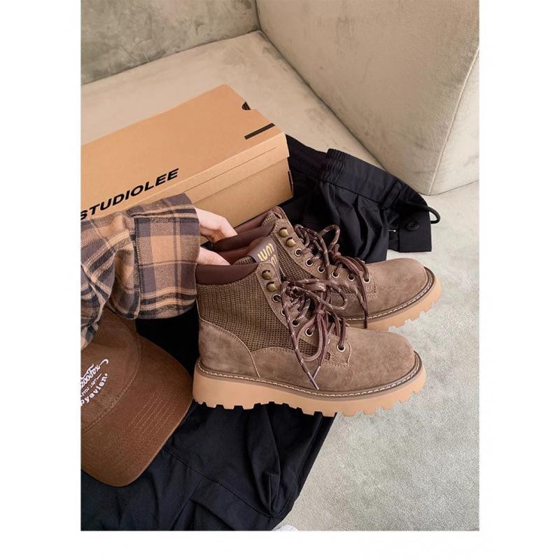 Cowhide Short Boots Double Shoelaces Platform Classic Leather Martin Boots Women's Outdoor Mountaineering Tooling Boots