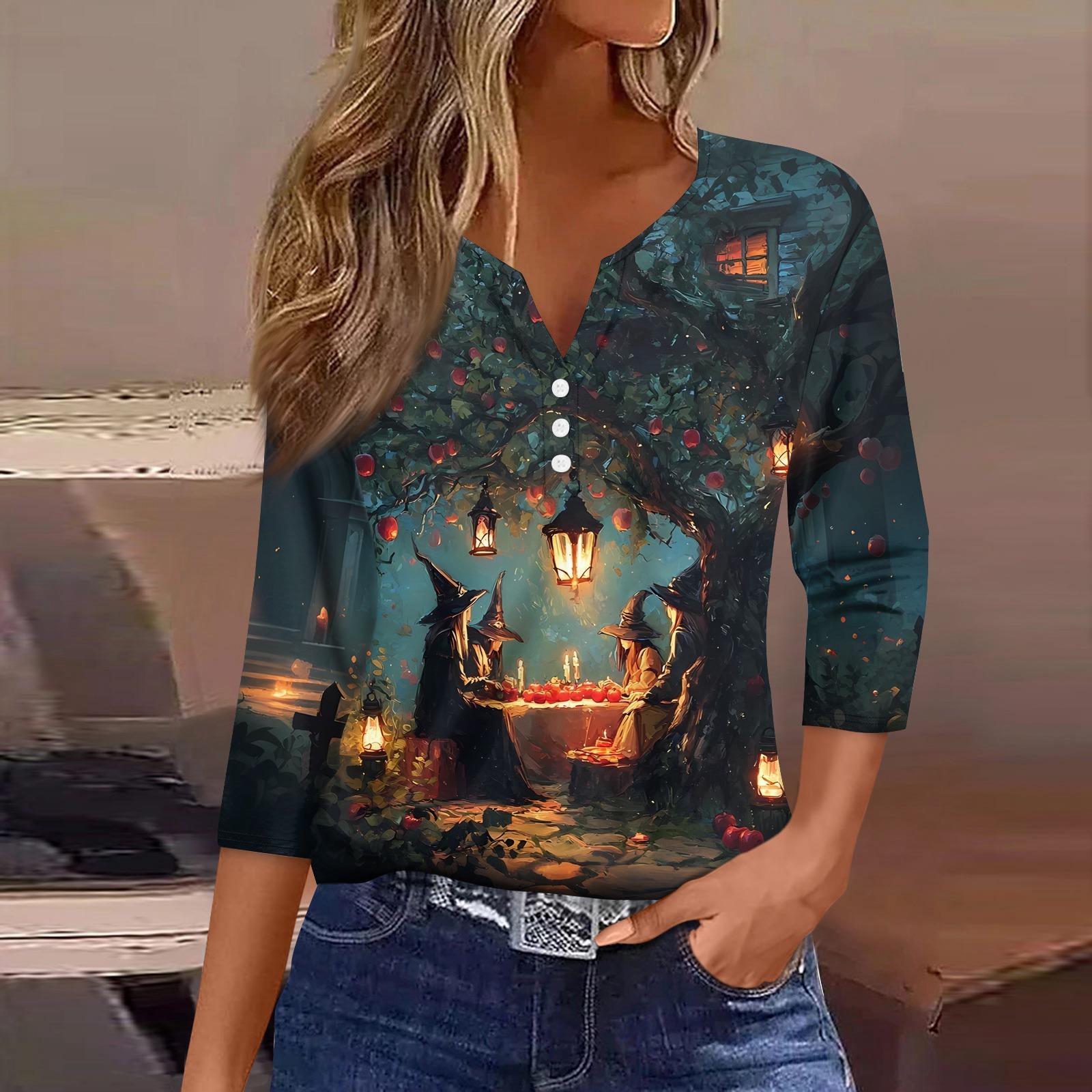 

Женская футболка с принтом на Хэллоуин, на пуговицах, рукав 3/4, повседневная мода на выходные, базовый топ с V-образным вырезом XXL