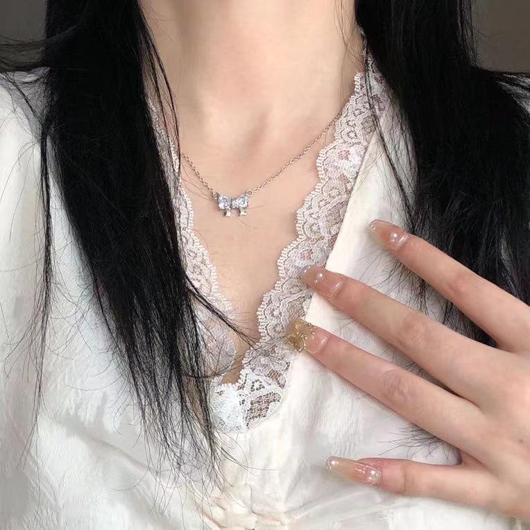 Elegant Heart-Shaped Bow Necklace, Zircon Pendant, Simple Women s Jewelry