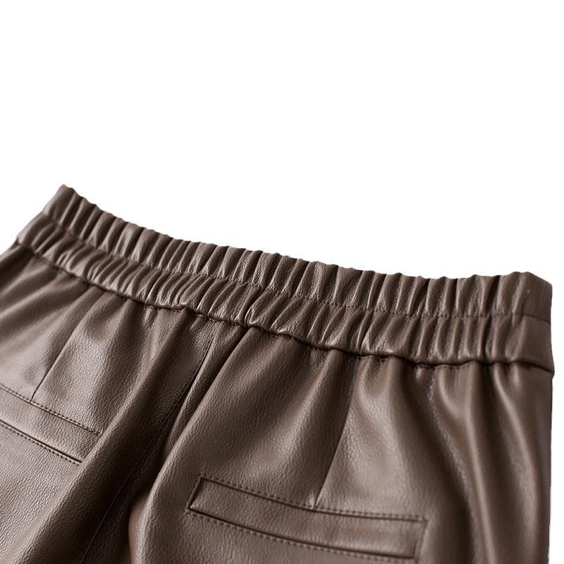 Top-Grain Calfskin Wide-Leg Trousers Women's Korean-Style High-Waisted Plus-Size Casual Genuine Leather Pants