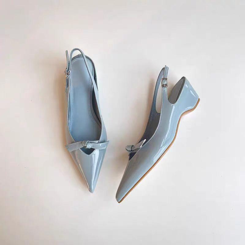 

Sheepskin version~ pointed bow inner height increase French Mary Jane single shoes rear empty shallow mouth temperament bag head sandals women 40 синий