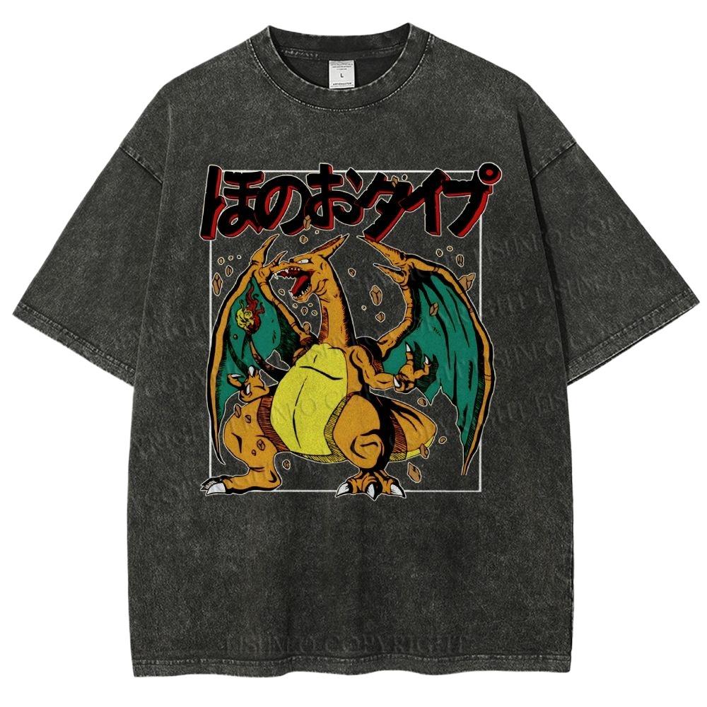 2026 Summer Charizard Pokemon Anime Men's T-shirt Vintage Washed Women Short Sleeve Tee Streetwear Oversized Casual Tops Unisex