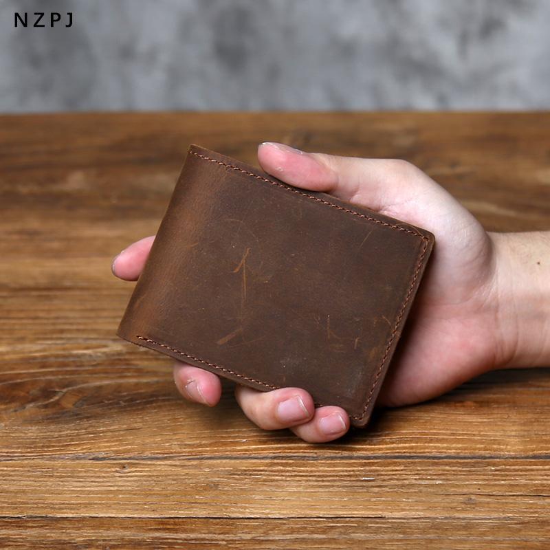 NZPJ Retro Men's Genuine Leather Wallet Top Layer Cowhide Short Wallet with Crazy Horse Leather Zero Wallet Card  ID Bag