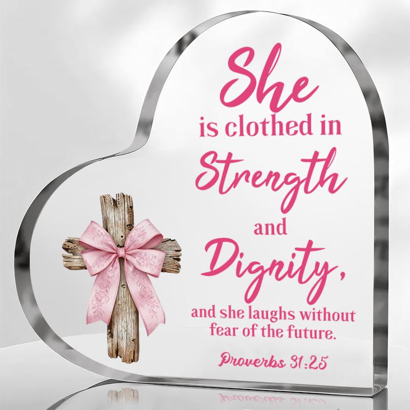 2D Flat,  She Is Clothed in Strength and Dignity  Decoration Plaque, Pink Christian Acrylic Heart-Shaped Bow & Cross, Suitable for wall Decoration, po 9.7*9.7CM