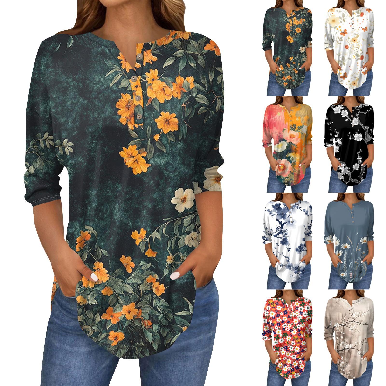 

3/4 Length Sleeve Womens Tops Summer T-Shirts Floral Print V Neck Casual Basic Tee Button Shirts Tunic Tops XL