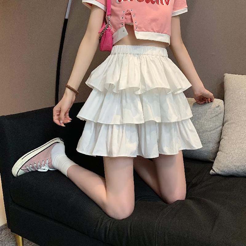 Black and White Check Cake Skirt Women's Elastic Waist A-word Ruffle Edge Pleats Puffy Skirt Sexy Sweet Gothic Preppy Style Spring Summer