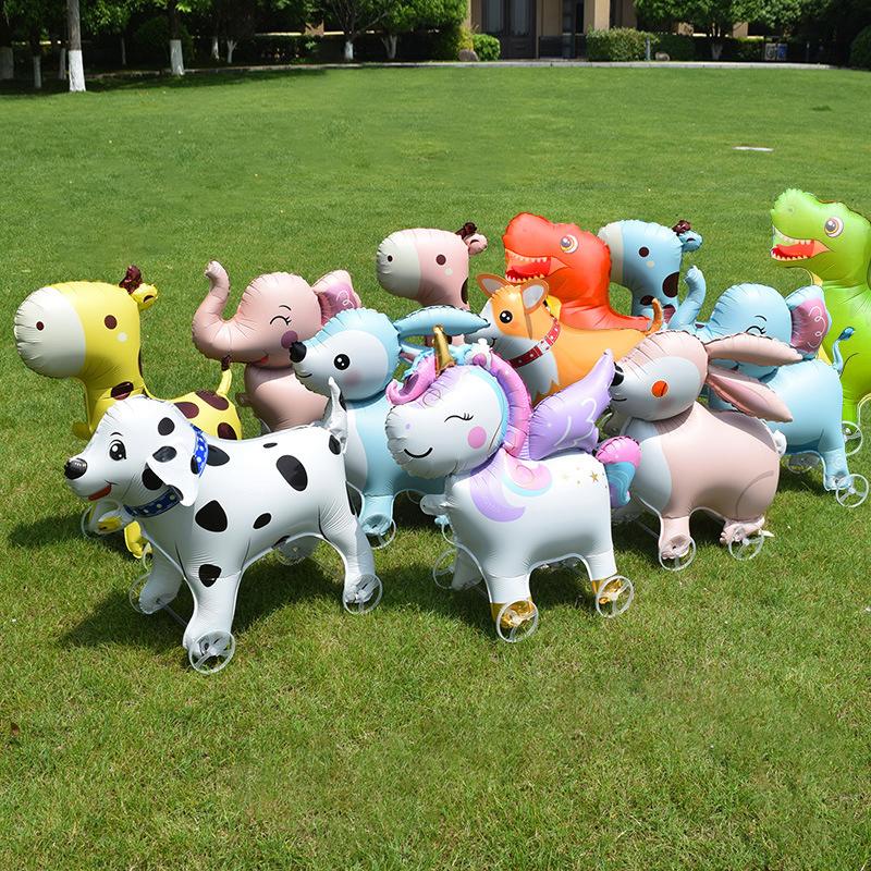 4D Dinosaur Dog Cat Standing Foil Balloons Animals Walking Balloon with Wheel for Kids Birthday Party Decoration Baby Shower