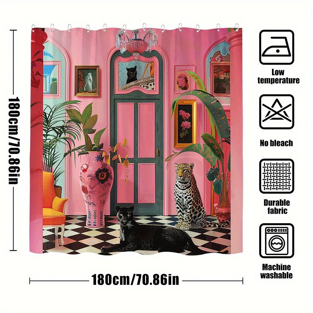 1 Piece Surreal Leopard Shower Curtain - Bright Pink Interior, Exotic Flowers, Checkered Floor Design, Decorative Shower Curtain