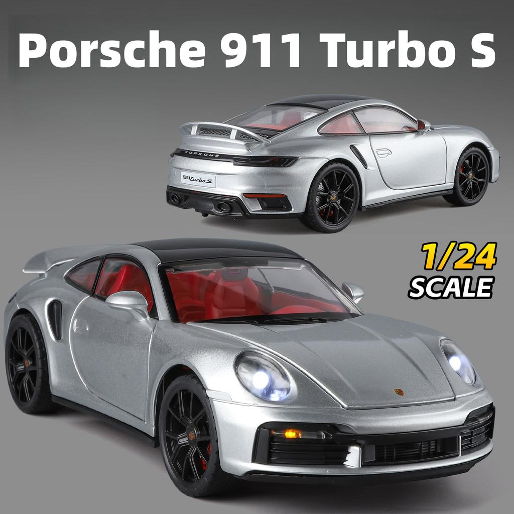 1/24 Porsche 911 Turbo S Diecast Alloy Metal Toy Car Miniature Model Pull Back Sound & Light Doors Openable Collection Gift Boy