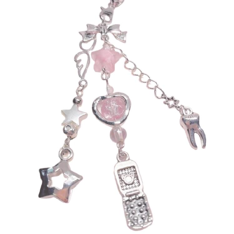 Colorful Beaded Keychain Acrylic Alloy Phone Charm Fashionable Keyring Pendant Accessory Stylish Key Chain Ornament