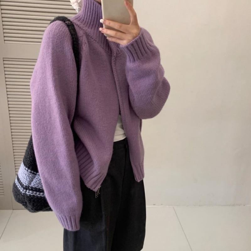 Lazy wind solid color double zipper lapel neck sweater jacket women's autumn new loose simple stand-up neck knitted cardigan thick