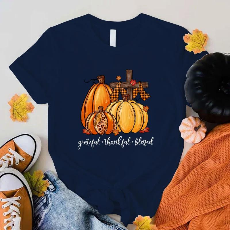 New Unisex Fashion O Neck Tops Fall Pumpkin Grateful Thankful Blessed Printing Shirt Short Sleeve T Shirt Casual Shirt Summer T