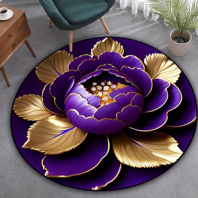 1 Stück Lila Pfingstrosen-Samtmuster, runder Teppich für den Innenbereich, rutschfest, waschbar, weiche und bequeme Matte für Schlafzimmer und Wohnzimmer