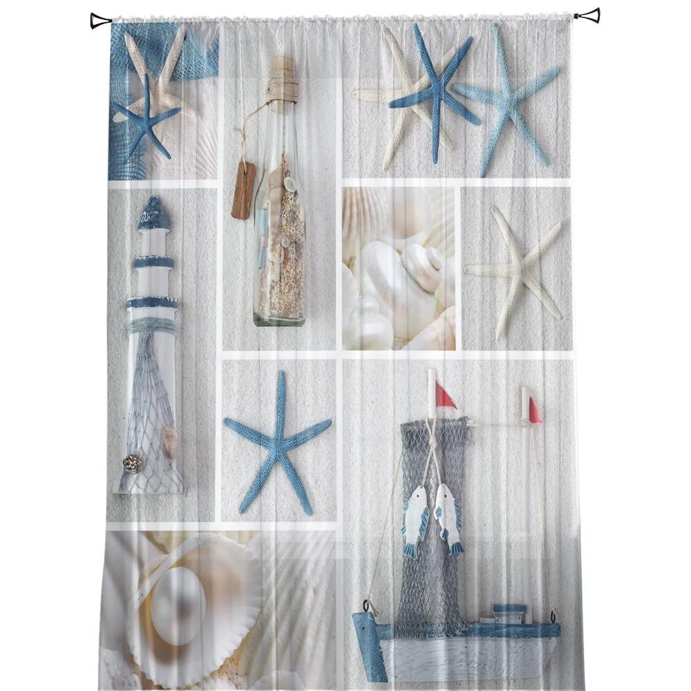 Mediterranean Lighthouse Starfish Tulle Curtains For Living Room Bedroom Kitchen Decoration Chiffon Sheer Voile Window Curtains