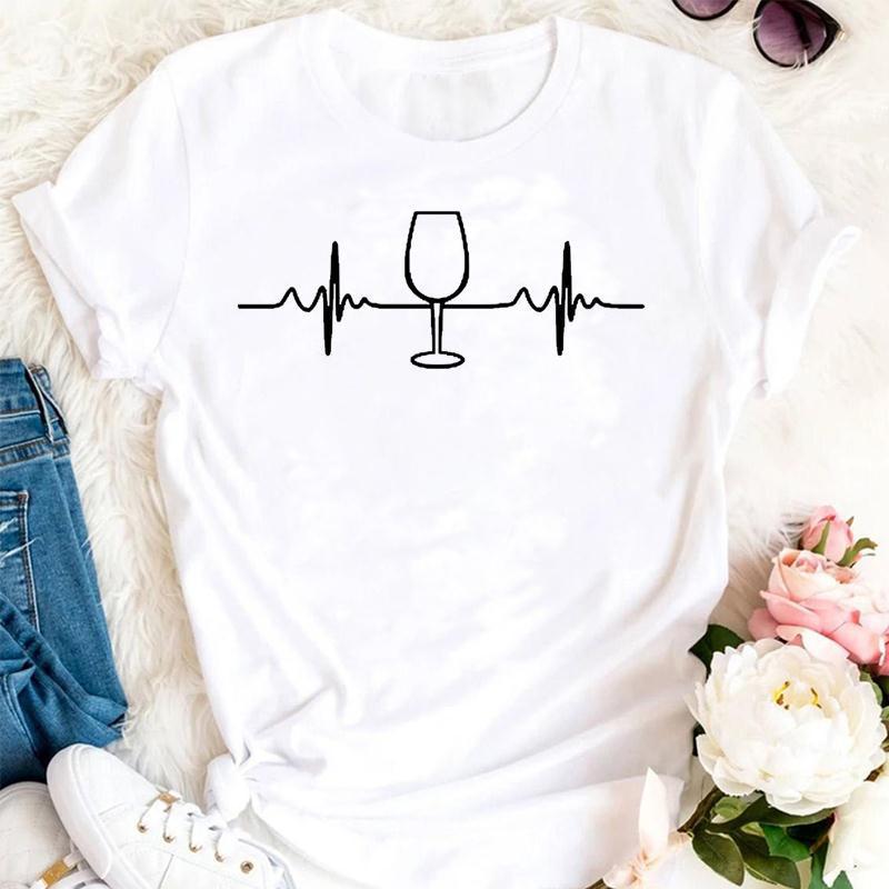Womens Fashion Wine Glass Print Trendy Womens Base Layer Halfsleeved Womens Wear Shortsleeved Women Tshirt for Summer