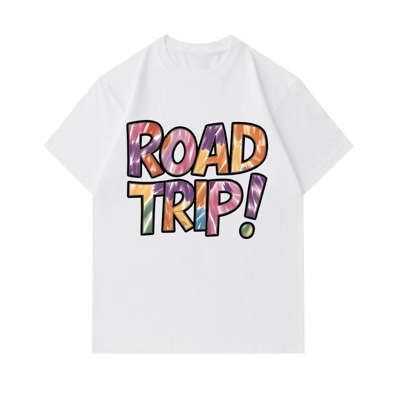 Men's 100% Cotton Crew Neck Short Sleeve T-Shirt, Fun Road Trip! Slogan Print Casual Summer Tee, Comfortable Breathable Daily Wear Top for Travel Holi