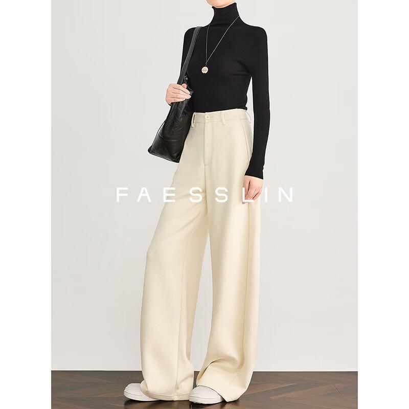 

FAESSLIN Women s High-Waisted Wool Blend Straight Wide-Leg Casual Pants L