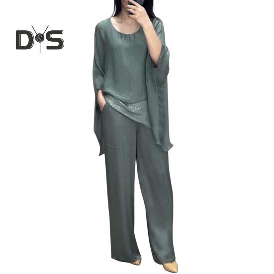 

Женский повседневный костюм, топ, широкие брюки, свободный наряд для дома, вечеринки, офиса, с круглым вырезом, с рукавами «летучая мышь», комьютерный костюм XL светло-зеленый