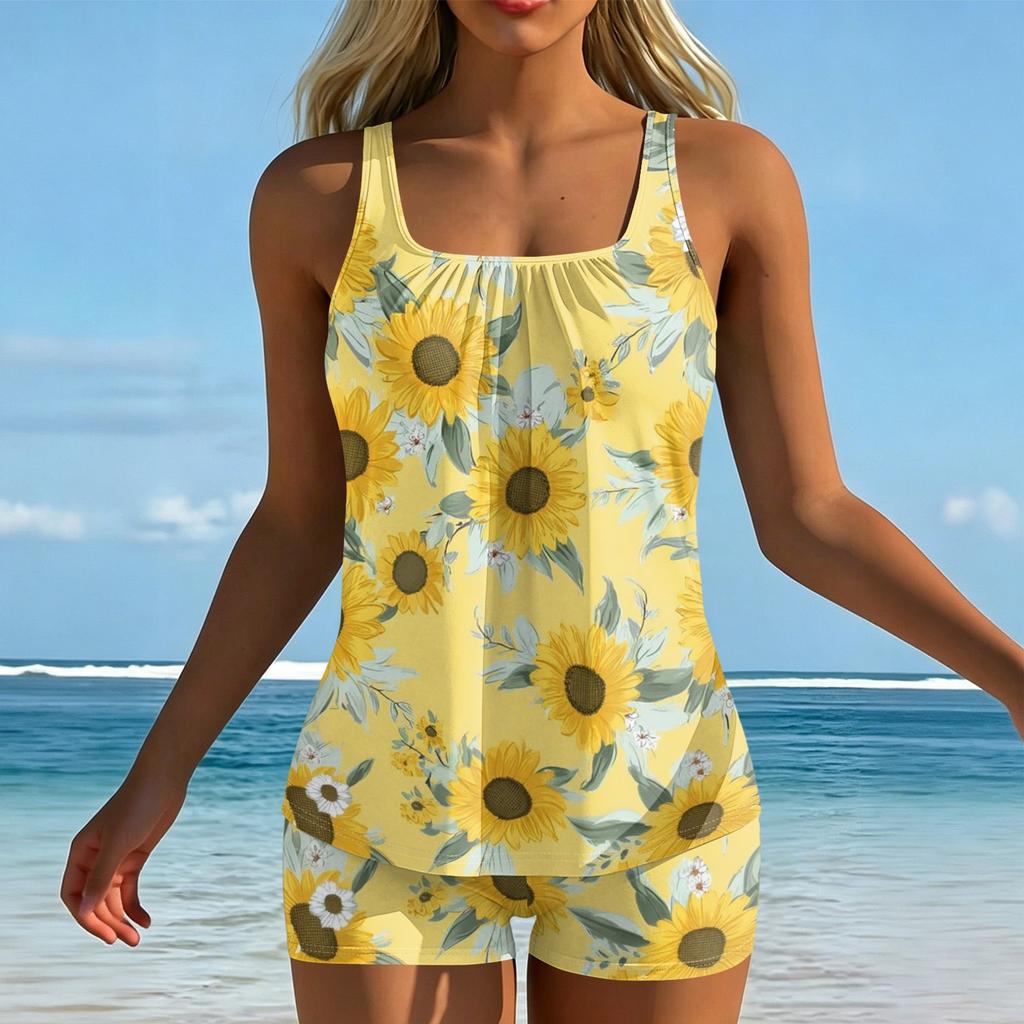 Tankini Swimsuits for Women Tummy Control Two Piece Bathing Suit Floral Tank Top and Swim Shorts Set