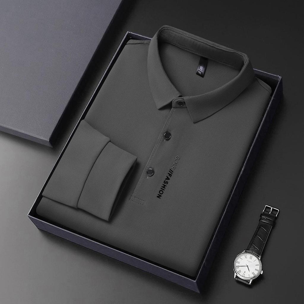 Men's Lapel POLO Shirt - Long Sleeve, Casual Business, Solid Color, Waffle Weave for Spring & Autumn