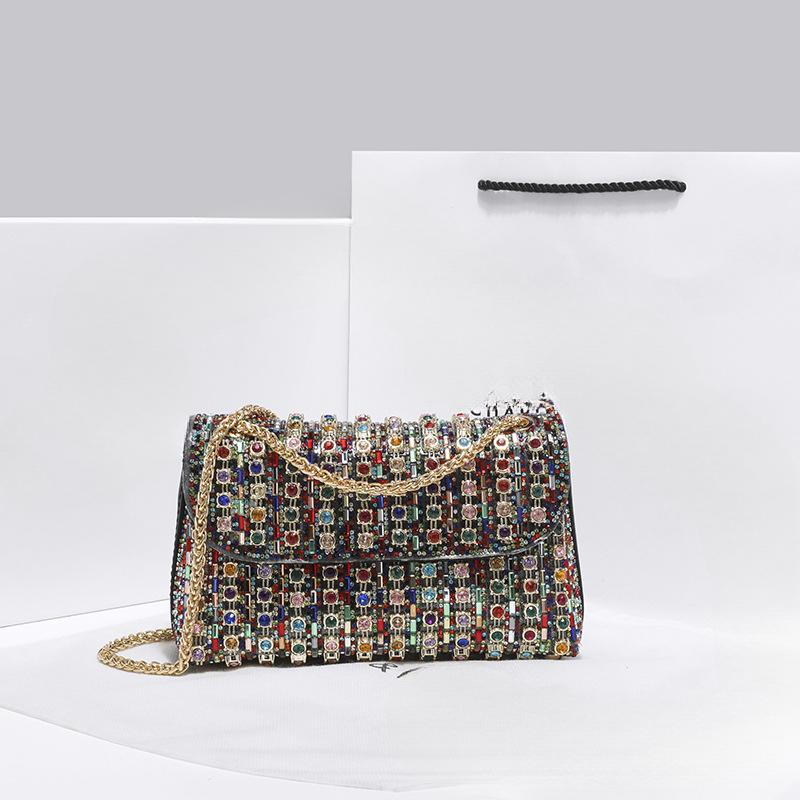 Fragrant Feng Shui Rhinestone Chain Small Square Bag Women's High-end Diamond Inlay Mobile Phone Bag Shower Armpit Bag