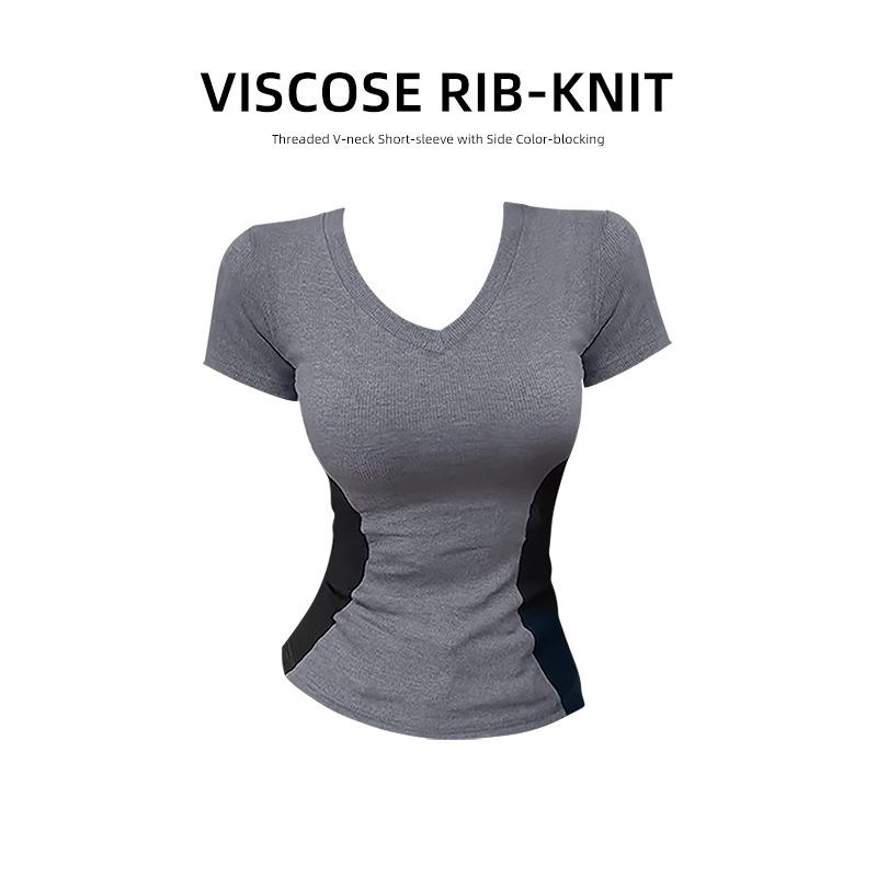 2026 Summer Spicy Girl V-Neck Color Block Slimming T-Shirt S [40-45 kg] серый