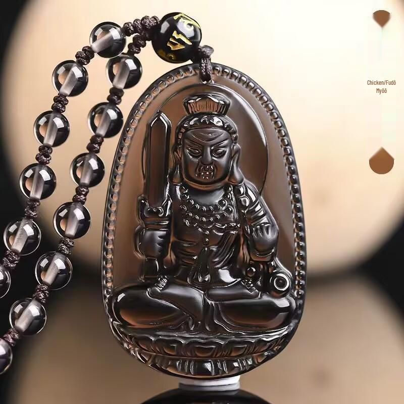 Obsidian Zodiac Pendant Necklace Featuring Akasagarbha, Samantabhadra, and Manjushri Bodhisattvas for the Twelve Zodiac Signs